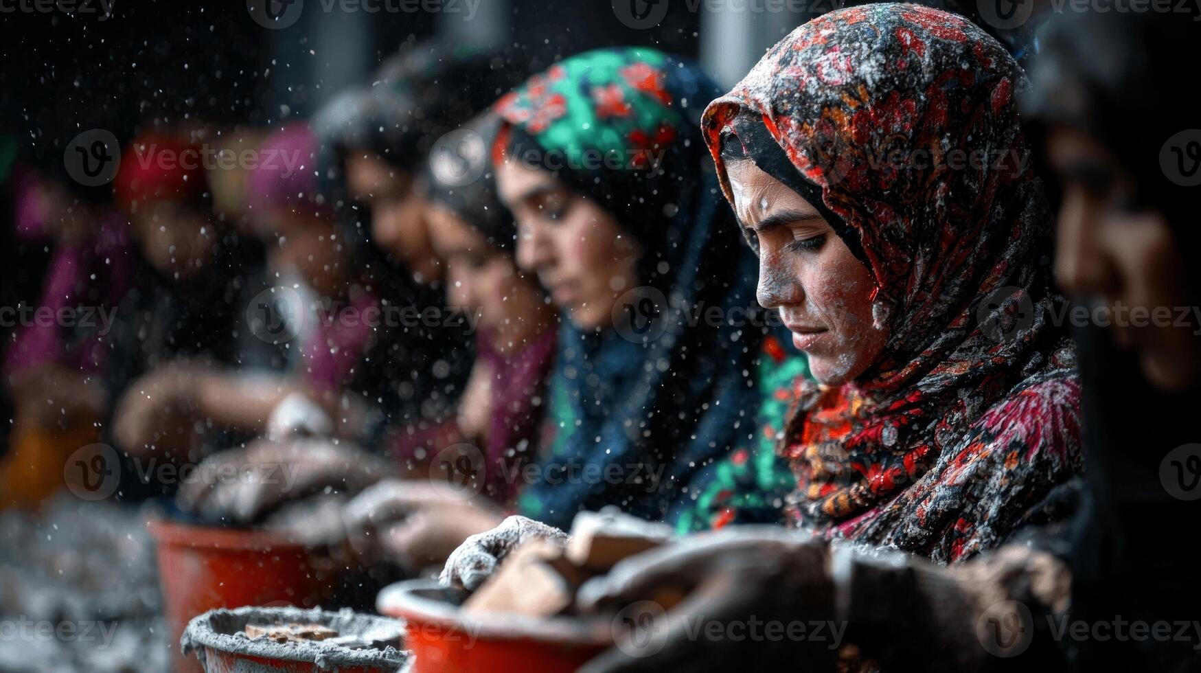Muslim community members actively work together rebuild house lifting bricks and wooden planks while embracing spirit of unity during Eid festivities photo