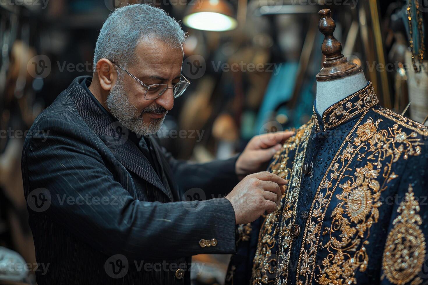 professional tailor focuses on adjusting beautifully crafted thobe adorned golden embroidery illuminated bright workshop lights. meticulous work reflects tradition and craftsmanship photo