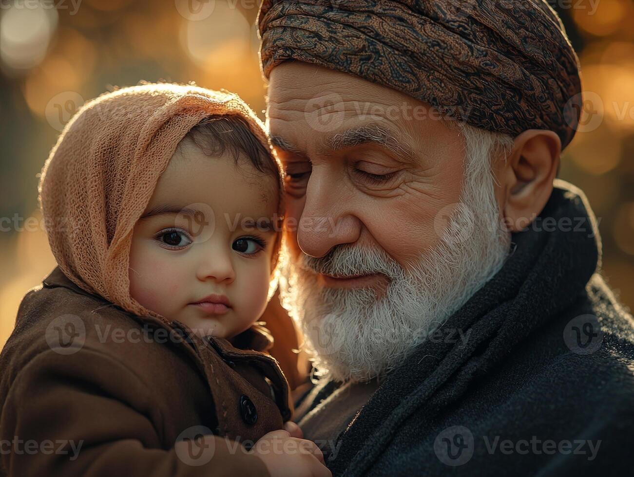 elderly Muslim man holds small orphaned child in his arms both smiling affection soft sunlight embodying love and care during festive gathering photo