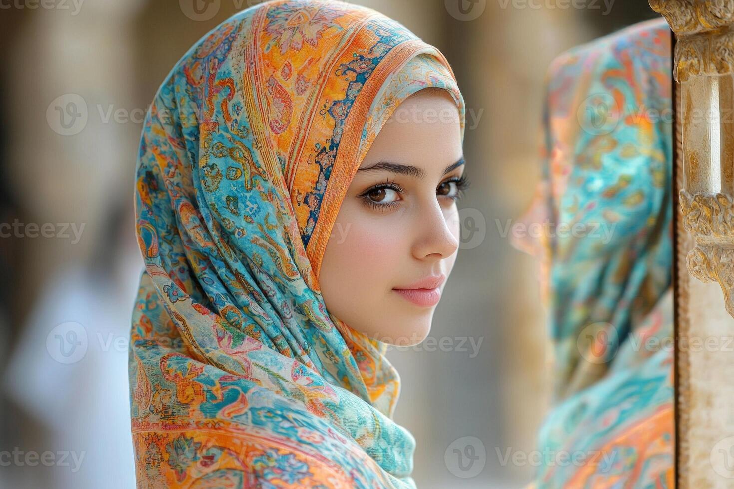 In intimate moment young Muslim woman elegantly adjusts her colorful hijab while standing before ornate mirror illuminated soft natural light enhances her delicate features photo
