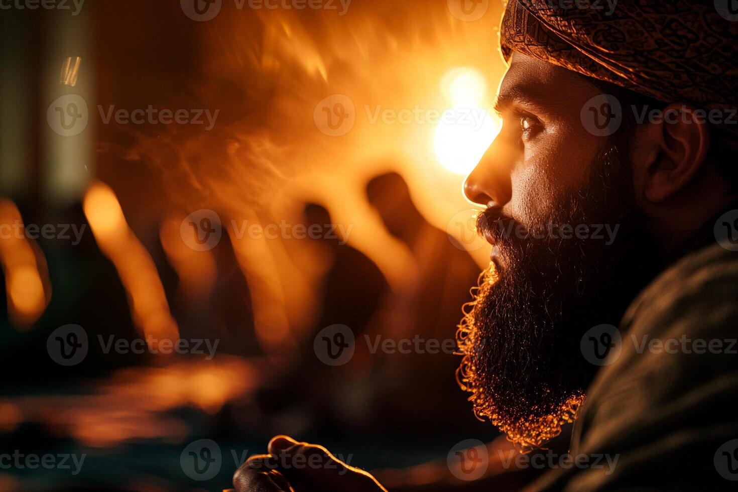Young Muslim men sit cross legged in mosque discussing religious teachings after Eid al Fitr prayers warm lighting enhancing tranquil atmosphere of their gathering photo
