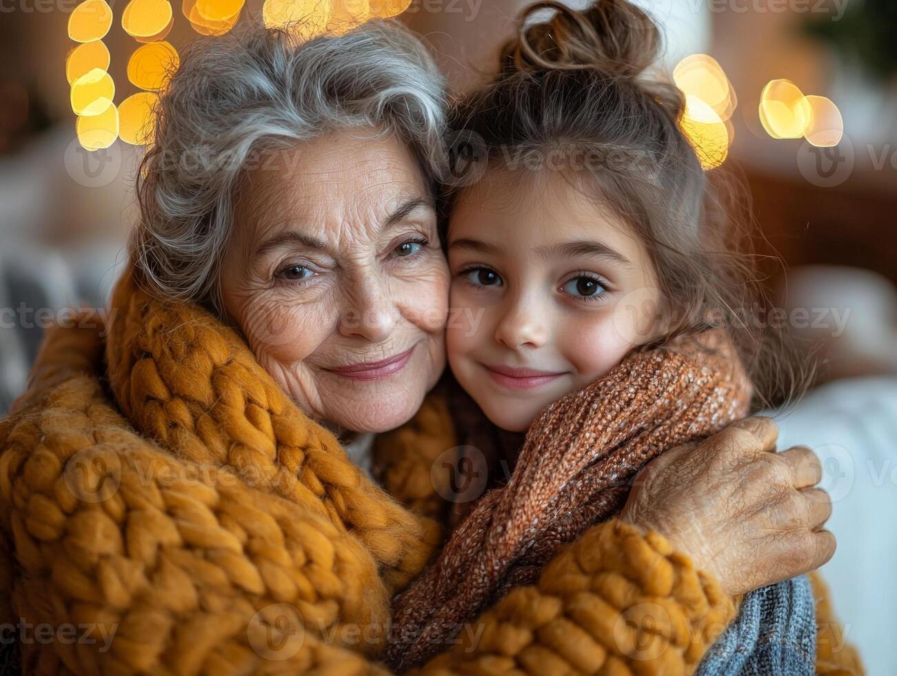 grandmother tenderly holds her granddaughter's face both beaming happiness. background features soft festive decorations creating warm atmosphere for their Eid al Fitr celebration photo