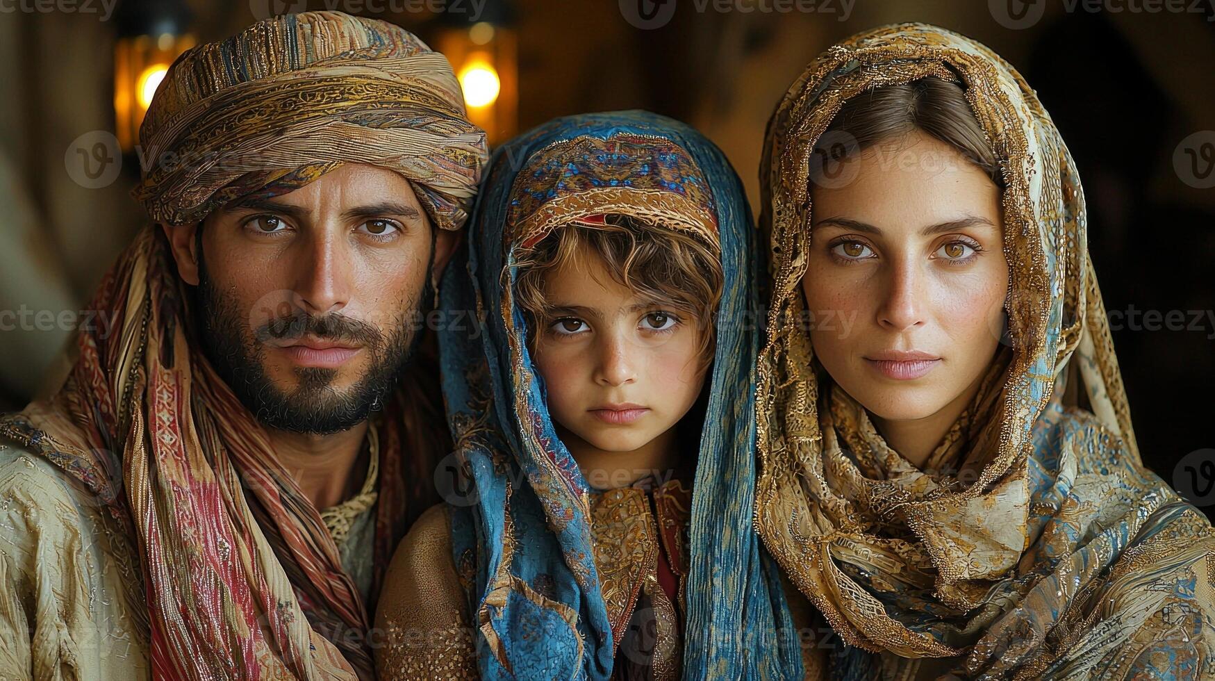 family dressed in elegant traditional attire gathers in their home celebrate Eid al Fitr posing joyfully amidst warm lanterns and festive gold accented decor photo