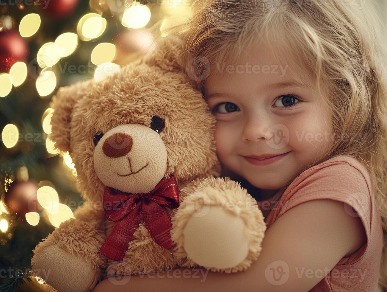 child smiles brightly while hugging soft teddy bear tightly eyes sparkling joy and wonder surrounded glowing holiday lights in festive atmosphere photo