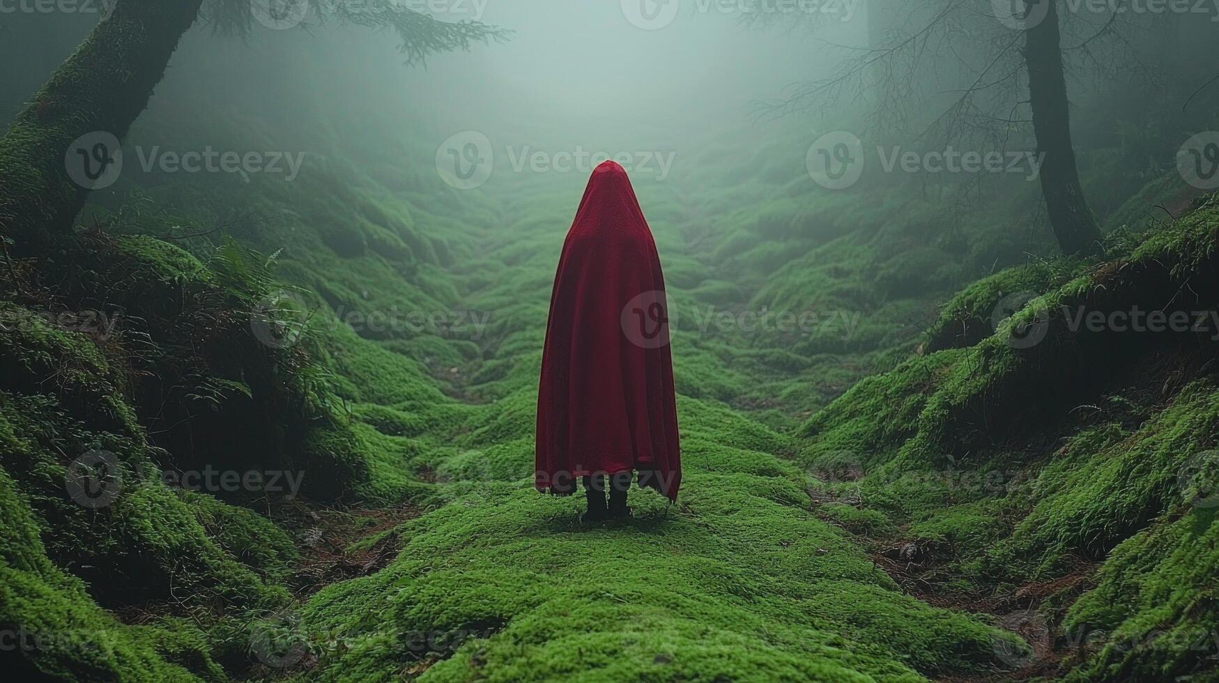 Amidst ancient stone walls shrouded in moss cloaked figure stands misty crossroads in enchanting forest contemplating best path follow photo