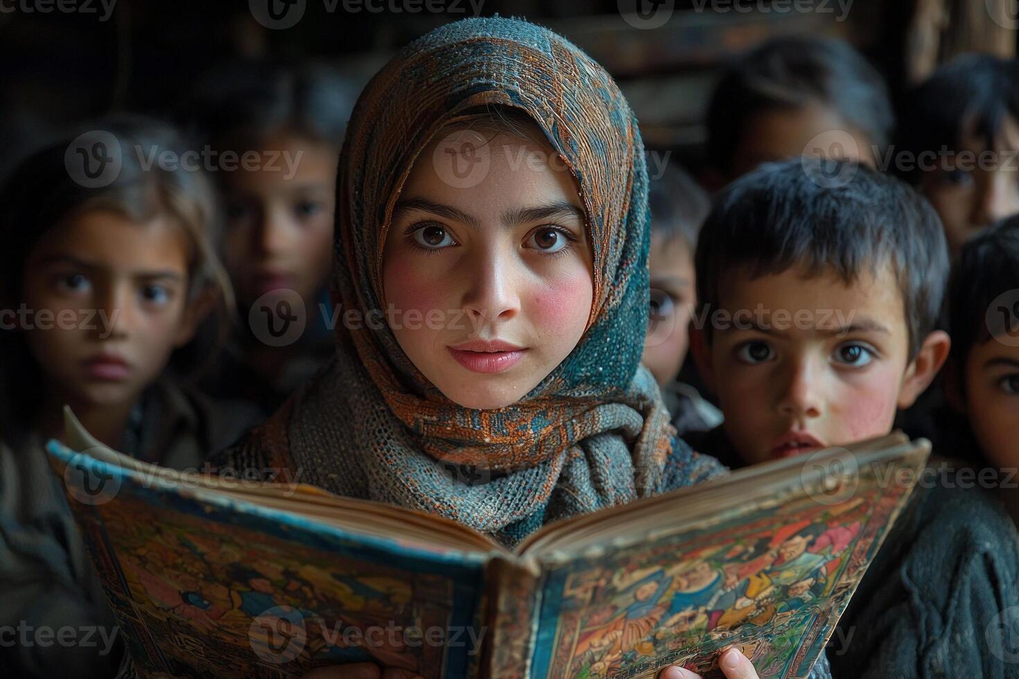 Muslim woman in hijab reads storybook captivated group of orphaned children their faces reflecting curiosity and delight during cultural gathering photo