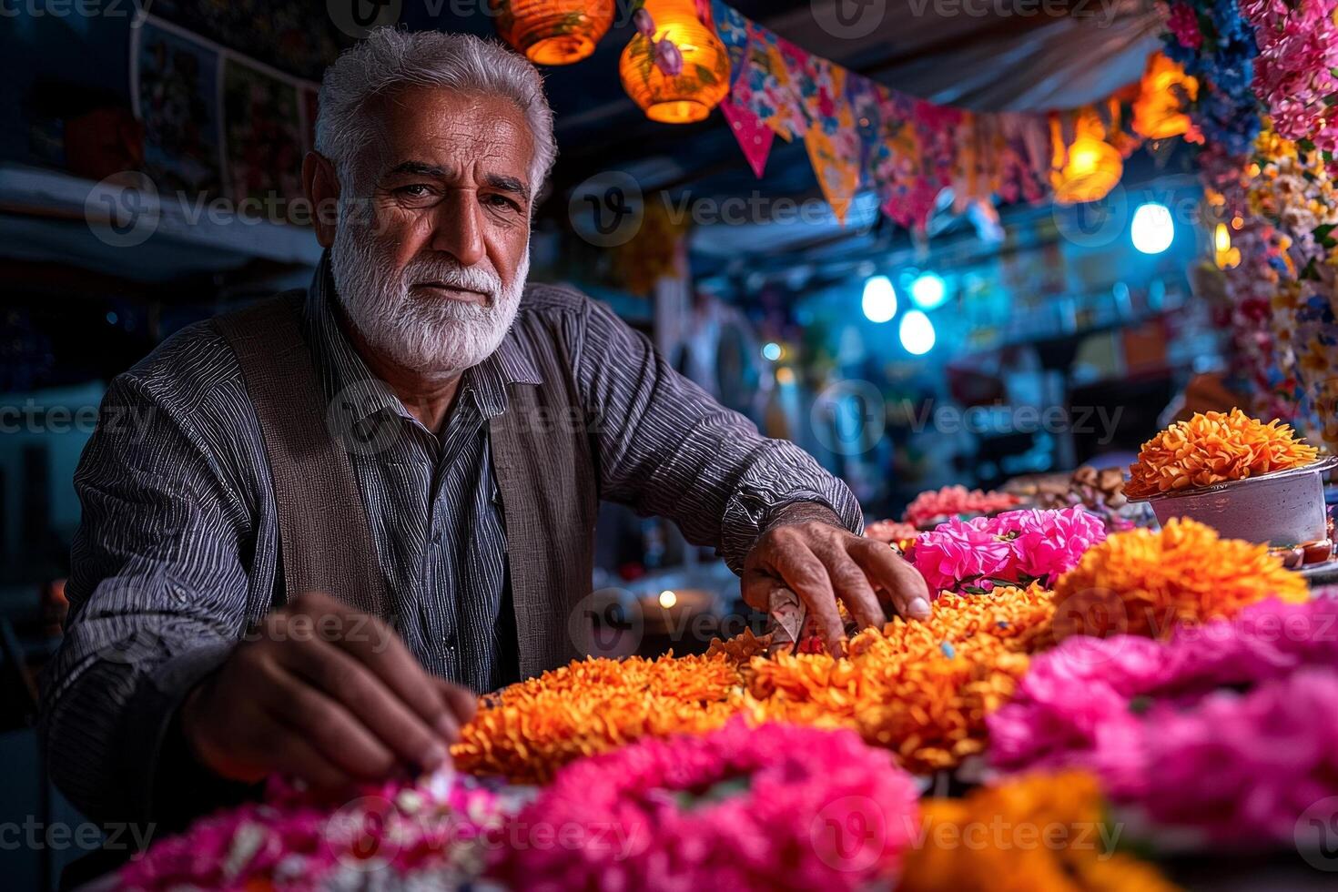 Family members prepare their home for Eid placing colorful banners floral garlands and lanterns enhancing joy of celebration in their living room photo