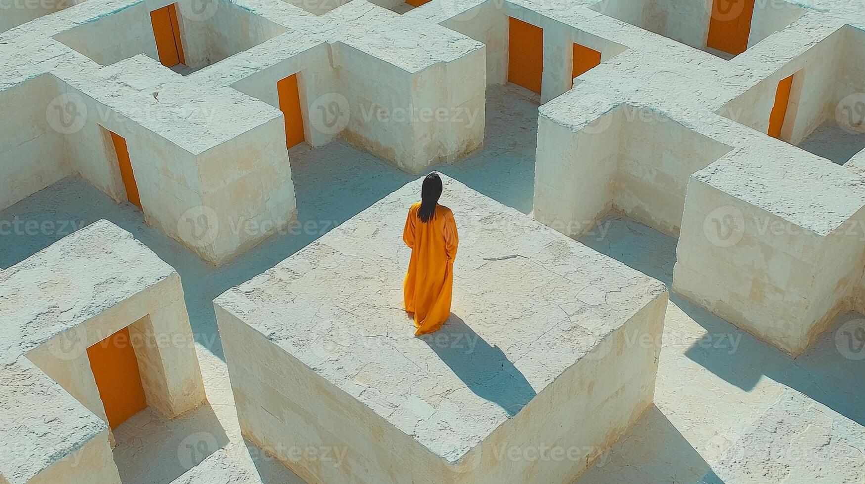 In captivating modern maze pristine white walls person dressed in bold yellow outfit stands center surrounded endless corridors and mesmerizing shadows photo