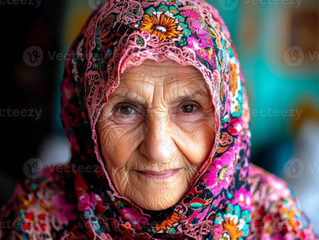 elderly Muslim woman in embroidered hijab smiles warmly showcasing intricate lace details as she celebrates Eid al Fitr family in background of mosque photo