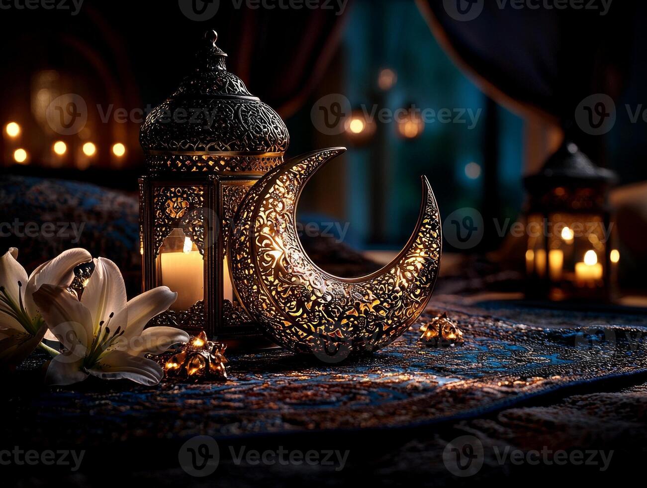 beautifully arranged Eid table centerpiece showcases golden crescent moon ornament surrounded glowing candles and fresh white lilies creating serene atmosphere for celebration photo