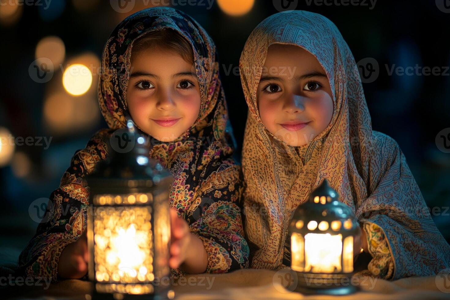 Siblings are joyfully exchanging gifts in warm living room decorated lanterns while dressed in beautiful traditional Islamic attire capturing essence of family celebration photo