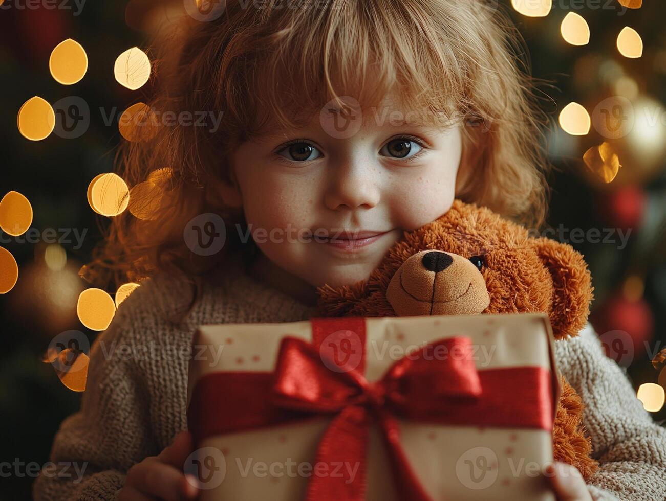 child unwraps gift revealing plush toy and smiles delight. Golden lights twinkle in background creating warm festive atmosphere during Eid al Fitr family traditions photo
