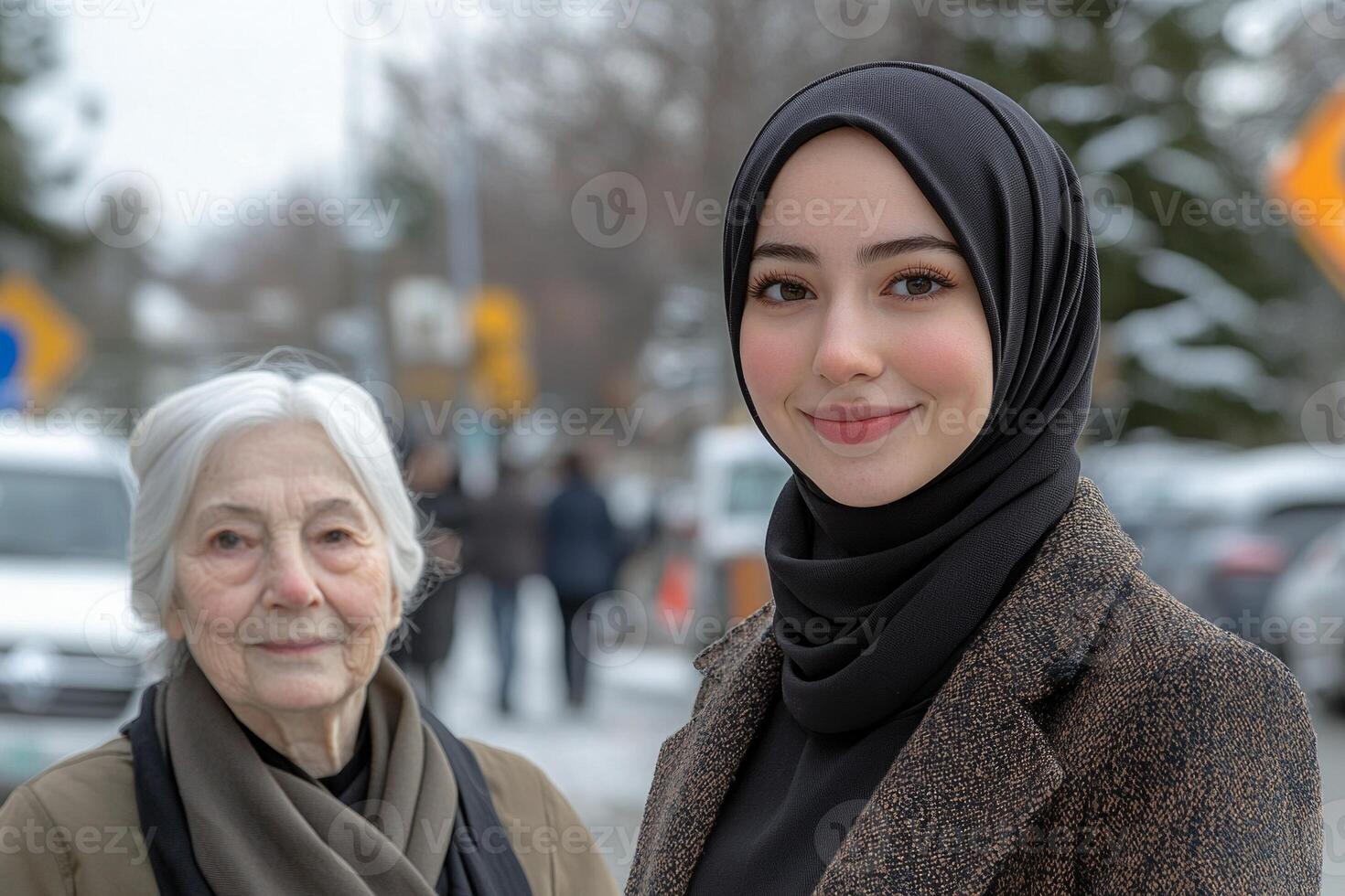 young Muslim woman in hijab is assisting elderly lady in crossing street embodying compassion and kindness. Both are enjoying festive spirit of Eid al Fitr photo