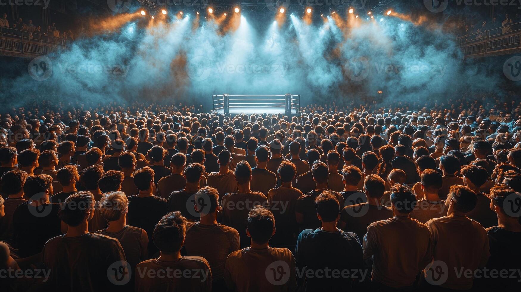 glow of vibrant spotlights packed audience eagerly awaits boxing match. tension builds in air as smoke swirls around ring creating dramatic atmosphere photo