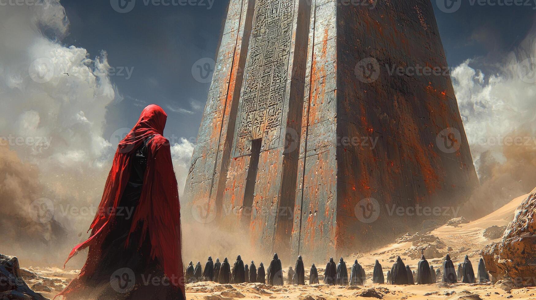 Hooded figures approach hidden temple deep within desert marked stone pillars and ancient symbols. Dust swirls in air creating atmosphere of mystery and isolation photo
