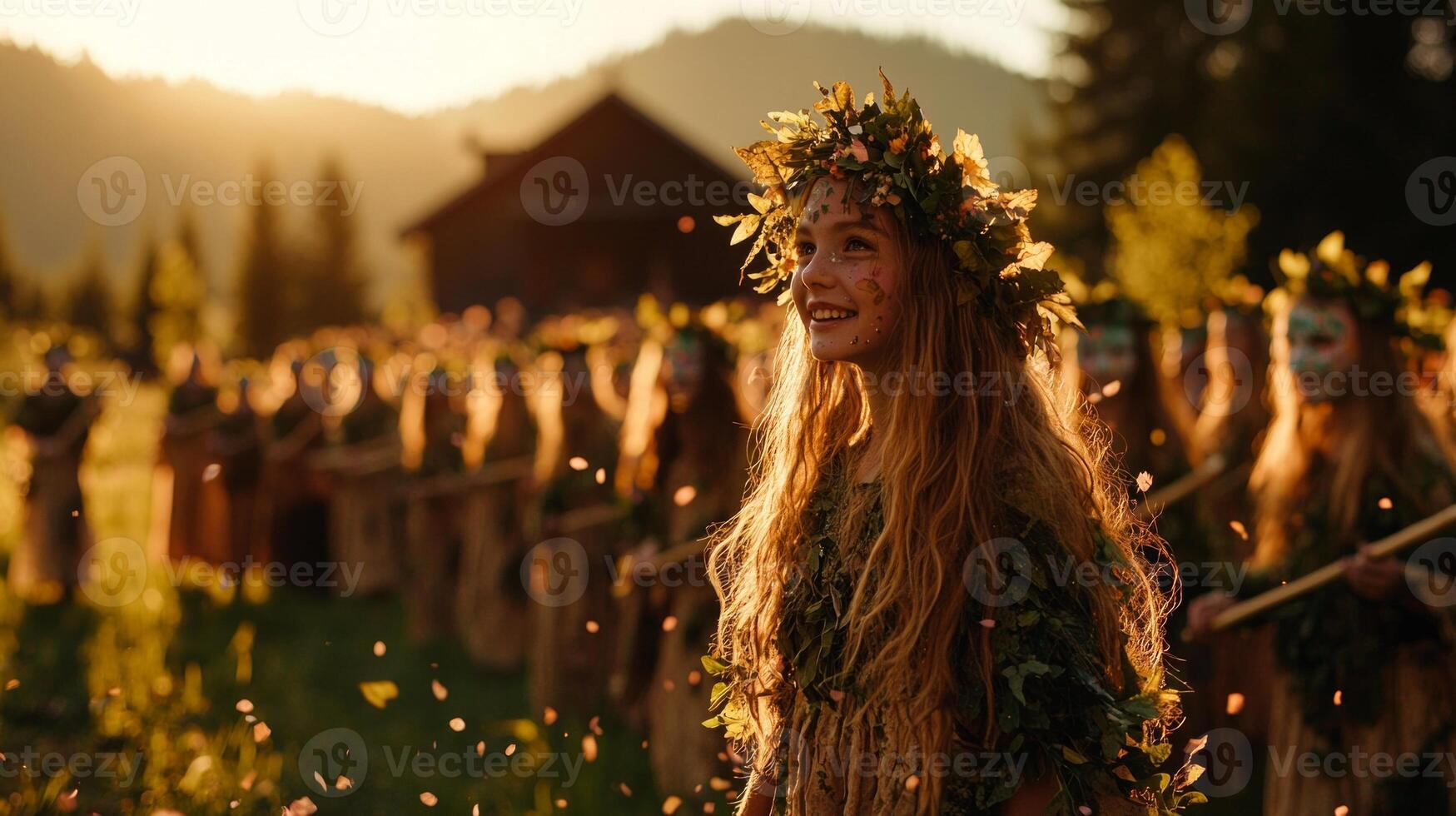 joyful celebration unfolds as people dressed as spirits of spring march through colorful meadow photo