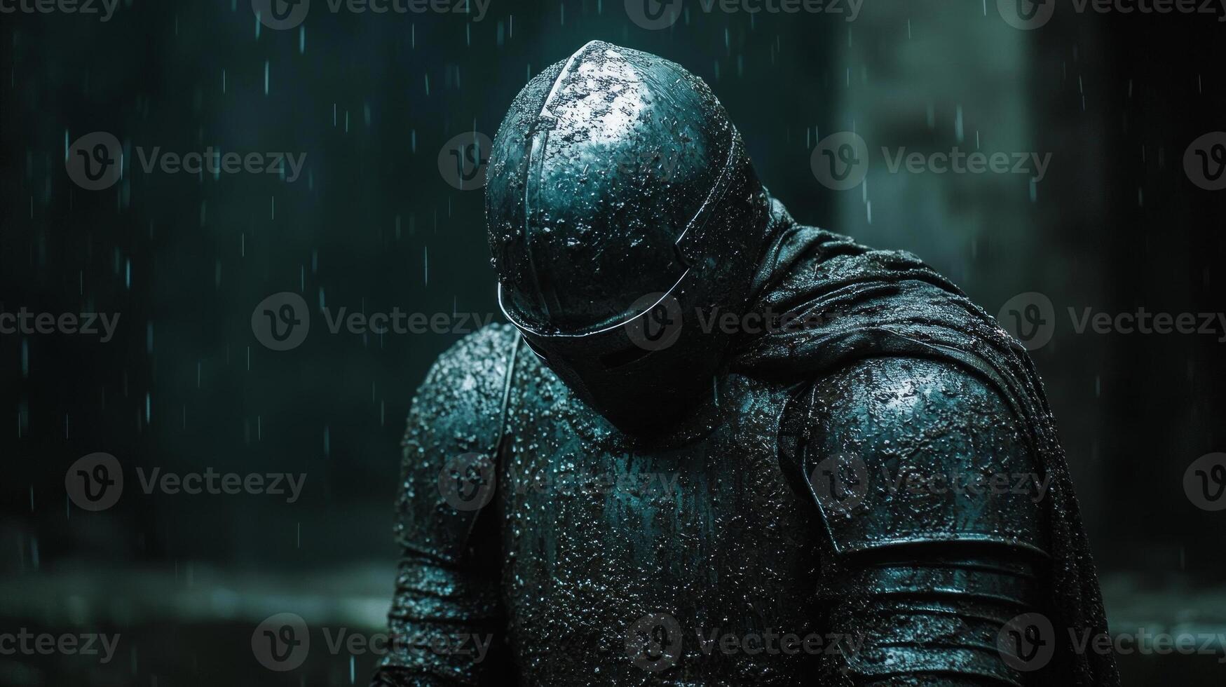 Spanish conquistador struggles through thick jungle sword in hand and armor muddy. He shows signs of weariness but remains resolute amidst lurking exotic birds and dangerous creatures photo