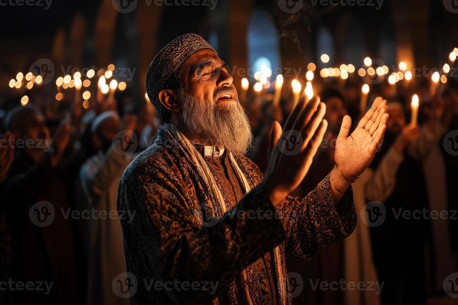 group of worshippers is gathered in mosque during Laylatul Qadr hands raised in fervent prayer. candlelit setting enhances sacred atmosphere of moment photo