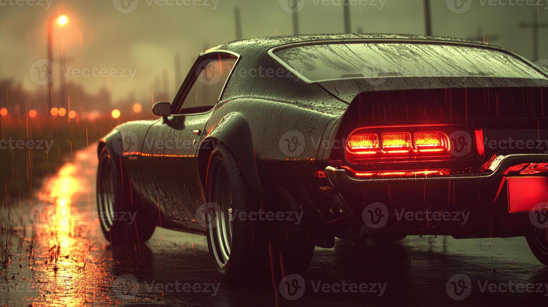 Cruising along empty road night sleek black car cuts through darkness piercing headlights. lone driver enjoys thrill of solitude hand on wheel and window down photo