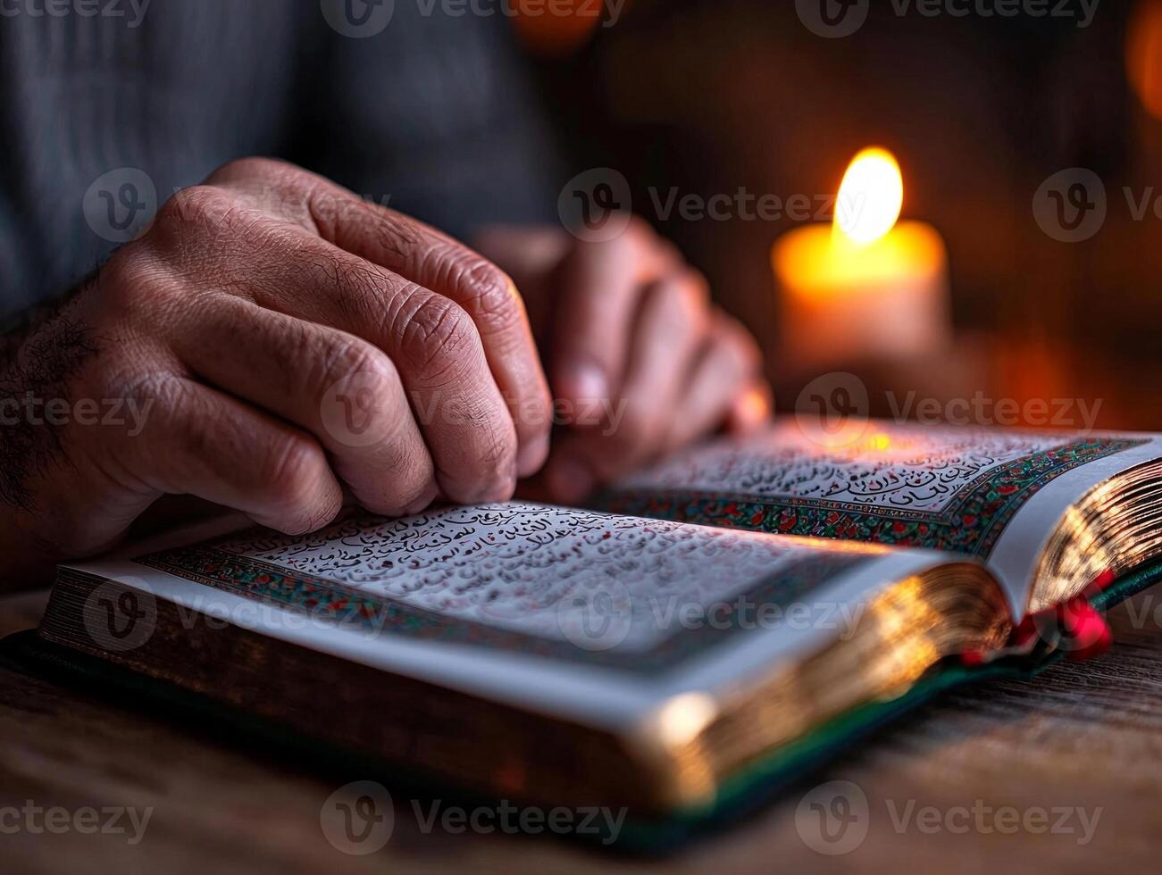 Hands uplifted in Dua are highlighted soft candlelight open Quran featuring beautiful Arabic calligraphy. moment reflects spirit of Eid al Fitr and unity photo