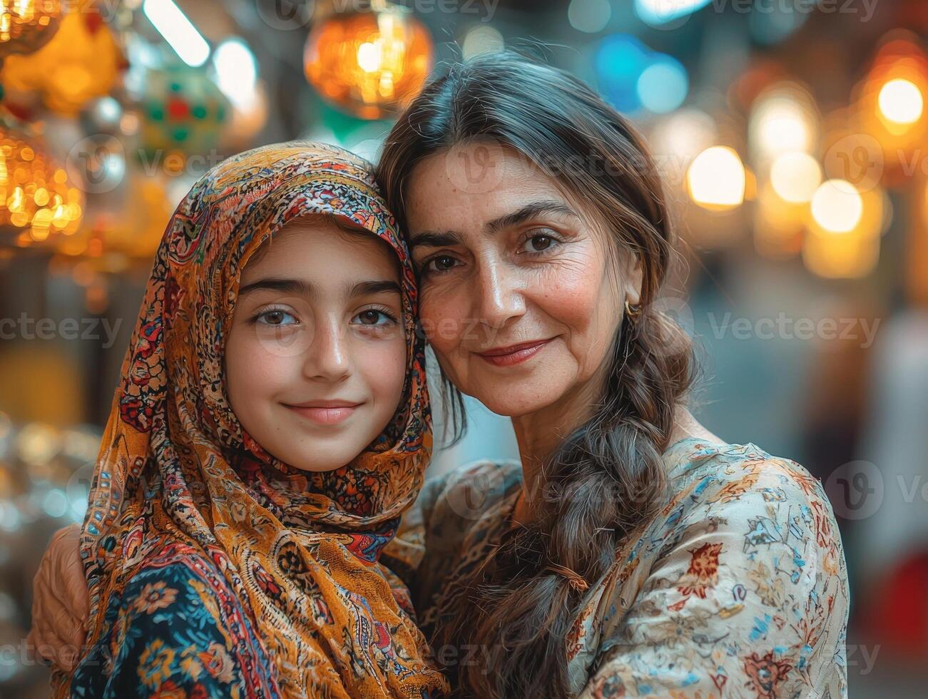 grandmother and her granddaughter embrace warmly both smiling brightly. Surrounded colorful lanterns and decorations they celebrate spirit of Eid al Fitr together photo