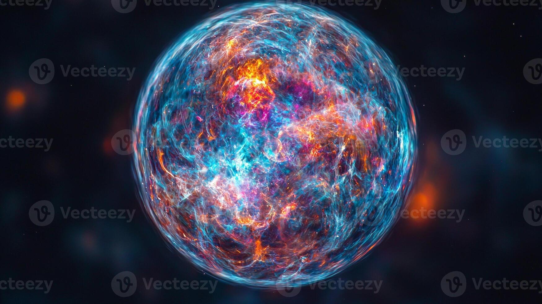 celestial sphere showcases vibrant heat patterns symbolizing temperature variations from Big Bang. dark space beyond highlights vastness of universe photo