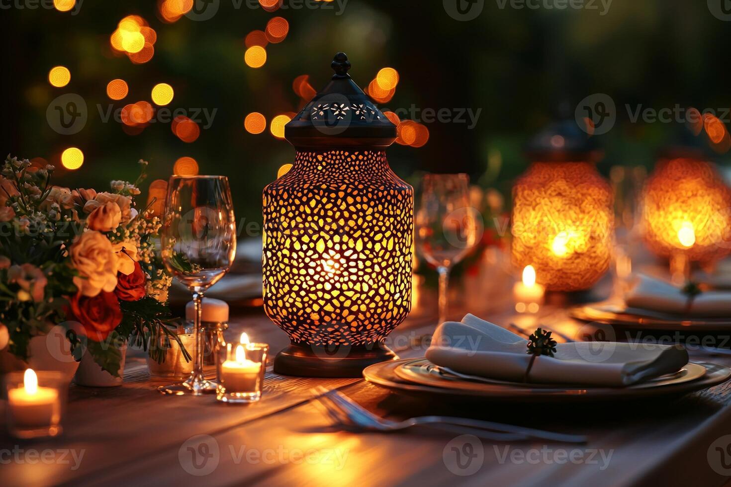 beautifully arranged dining table is ready for Ramadan feast. Golden lanterns glow warmly alongside fresh flowers while soft candlelight creates inviting atmosphere for family photo