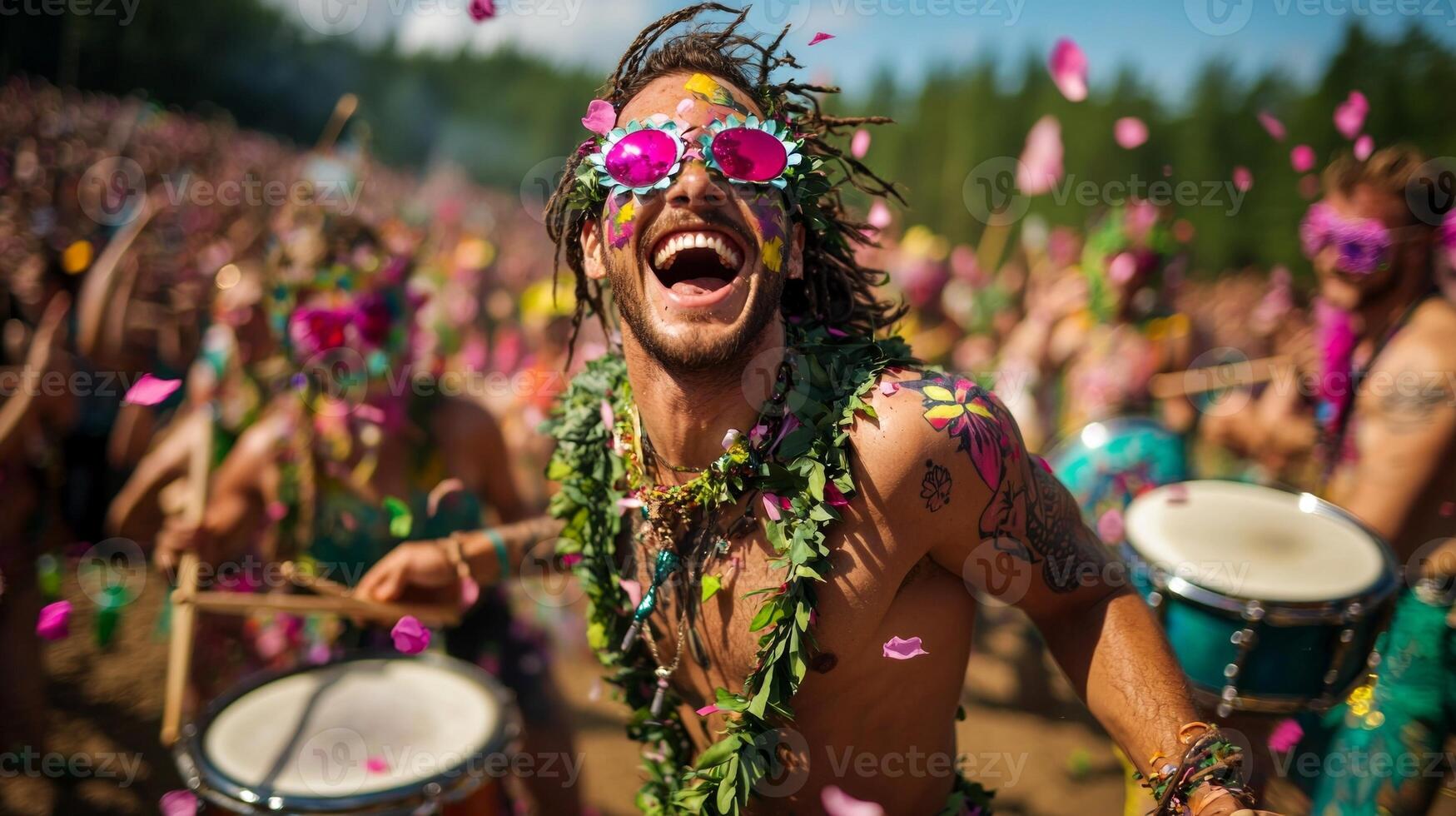 Colorful spirits of spring march joyfully through meadow adorned in leafy costumes and flower masks. Drummers and flutists fill air festive music as petals dance in wind photo