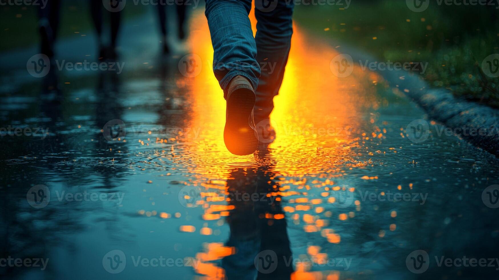man strolls down rainy street effortlessly avoiding puddles while others behind him deal wet shoes. warm glow reflecting off ground creates magical atmosphere photo
