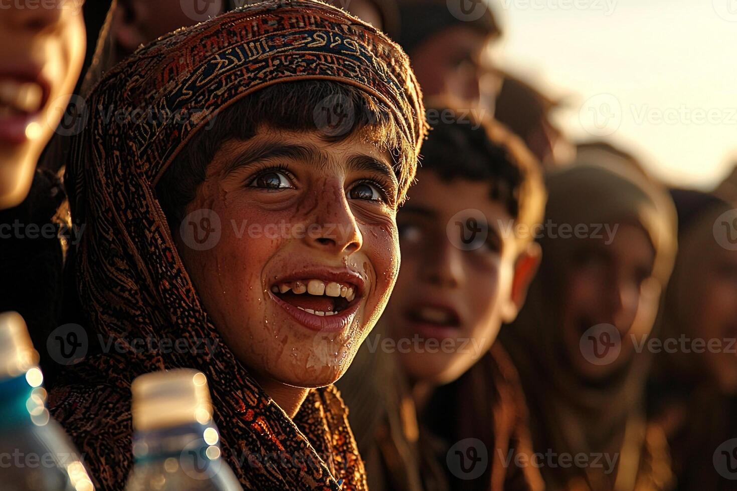 group of joyful young Muslim boys are giving water bottles labor workers hot sun showing their compassion and kindness during celebration of Eid al Fitr photo