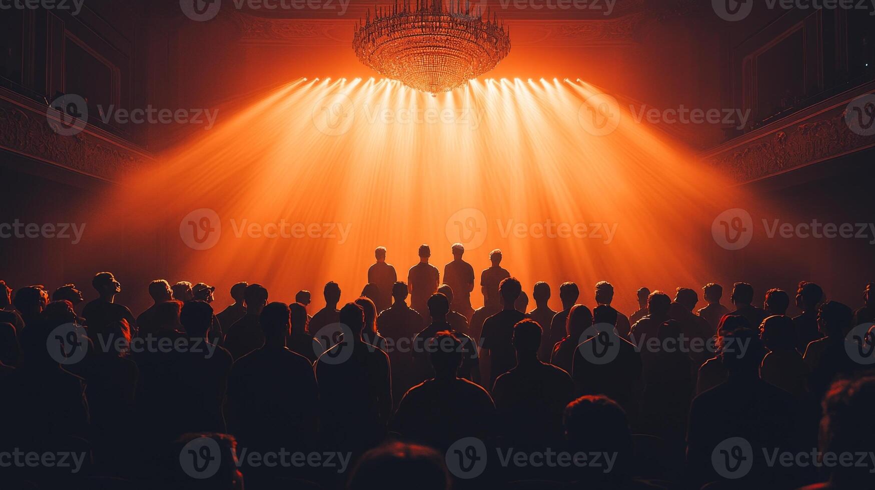 Bright spotlights illuminate actors taking bow while audience erupts in applause capturing joy and connection of successful performance in grand venue photo