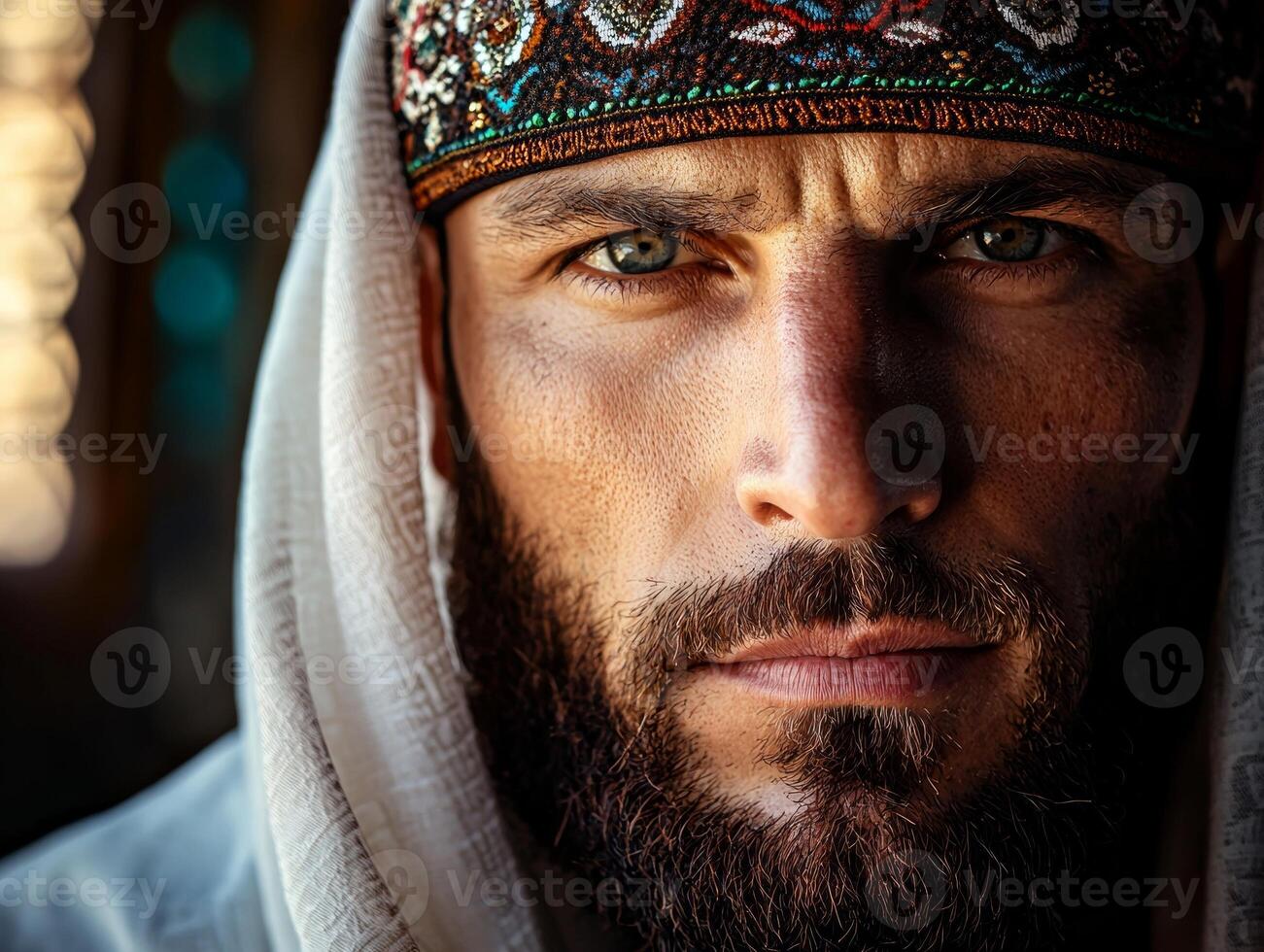 Bright sunlight illuminates Muslim man near mosque entrance wearing white thobe and embroidered kufi cap. moment captures spirit of Eid al Fitr celebrations photo