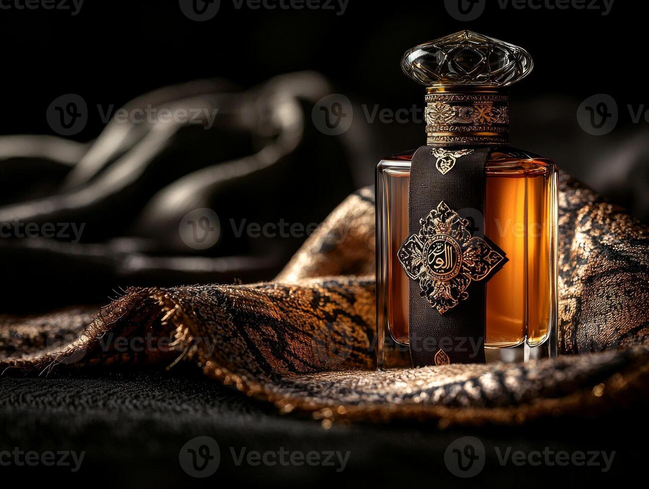 close up view of sophisticated Arabian sandalwood perfume bottle nestled beside folded bisht and keffiyeh on rich velvet backdrop reflecting spirit of Eid al Fitr photo