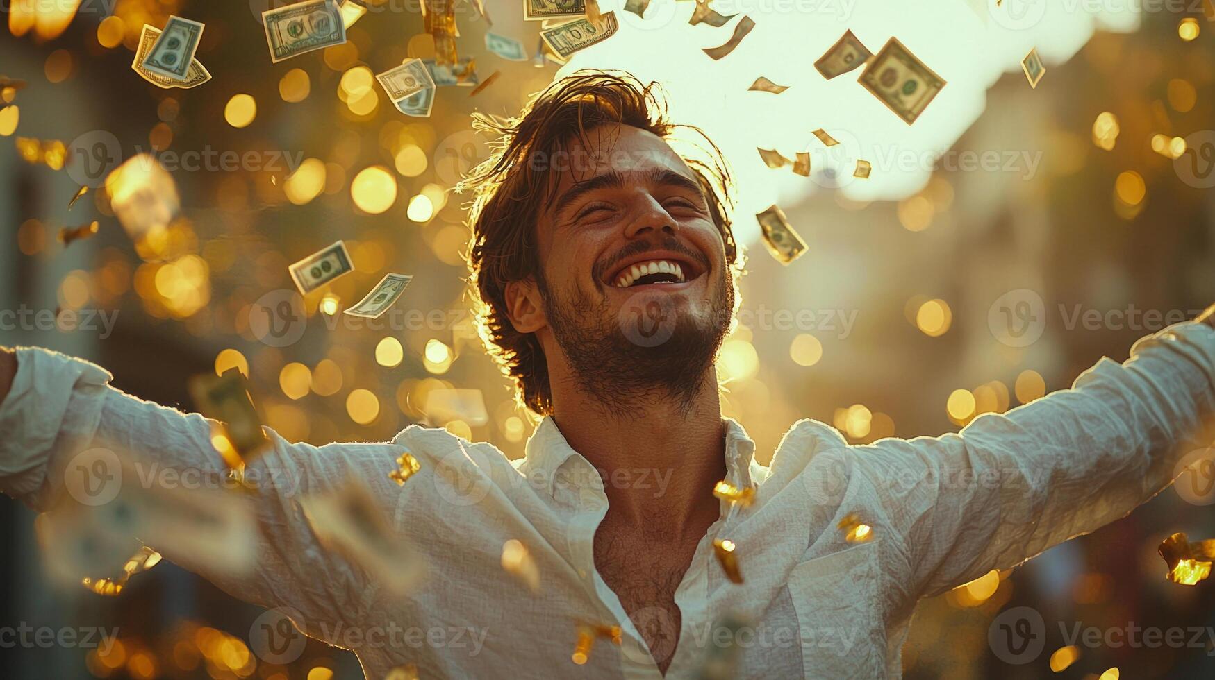 man stands in autumn park arms wide open as golden leaves and banknotes fall around him illuminated warm sunlight symbolizing joy and financial success photo