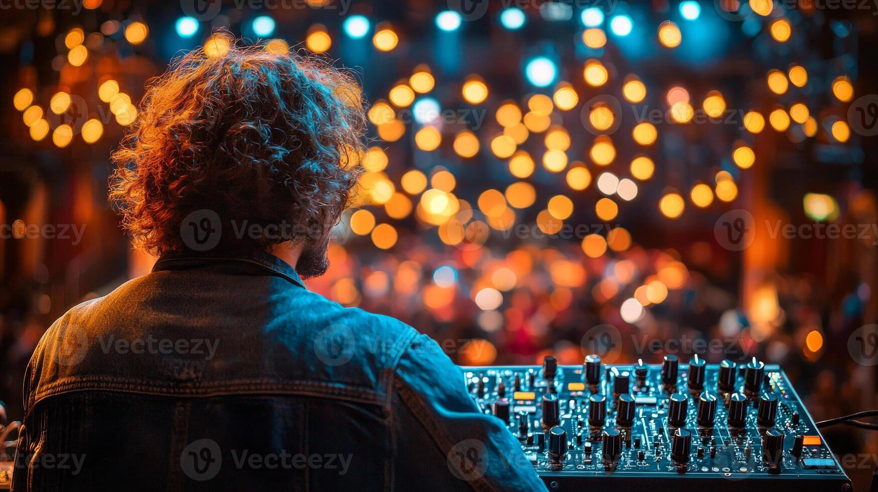 High above theater stage technician meticulously adjusts large spotlights illuminating distant performers below. perspective reveals vast scale and dedication involved in productions photo