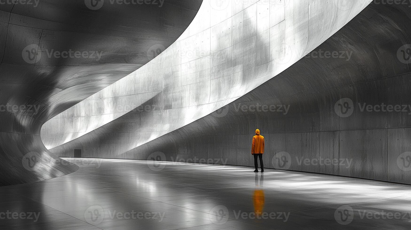 In vast modern maze person in bold yellow outfit stands still amid white walls and intricate geometric shadows creating contrast captivates eye and invites exploration photo