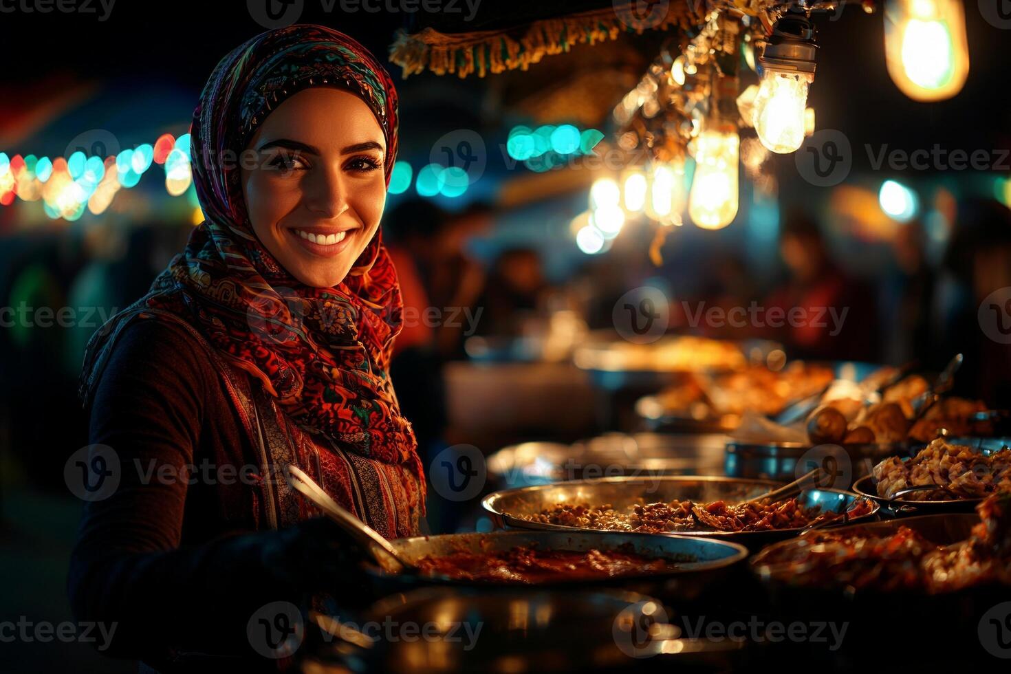 In charity kitchen Muslim woman wearing hijab serves warm soup homeless individuals sharing her gentle smile embodies compassion and kindness photo