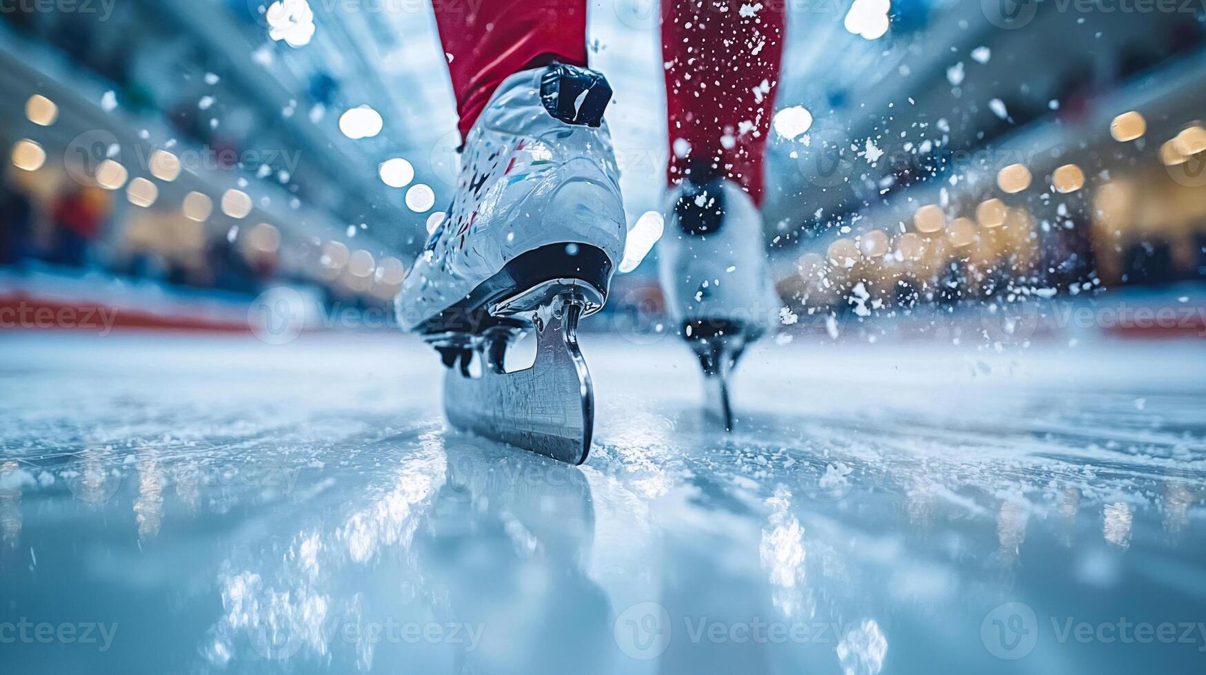 Competitors race in high stakes event as speed skater leans forward power and precision on fresh ice surface illuminated bright lights photo