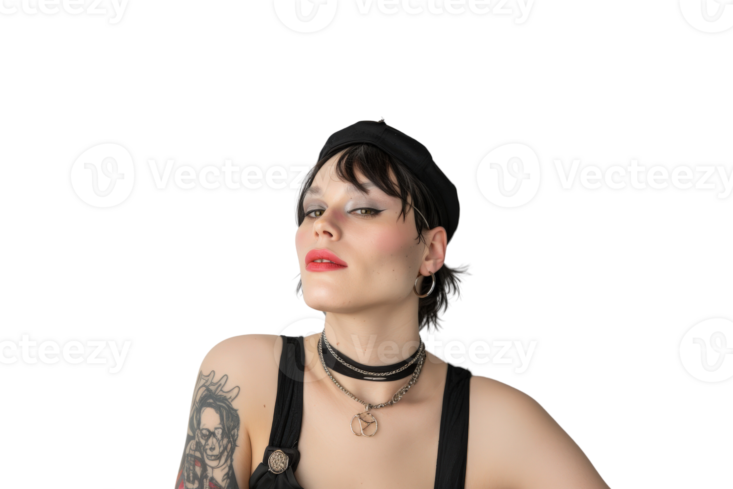 Confident Non Binary Individual in Bold Fashion with Edgy Accessories and Unique Style png