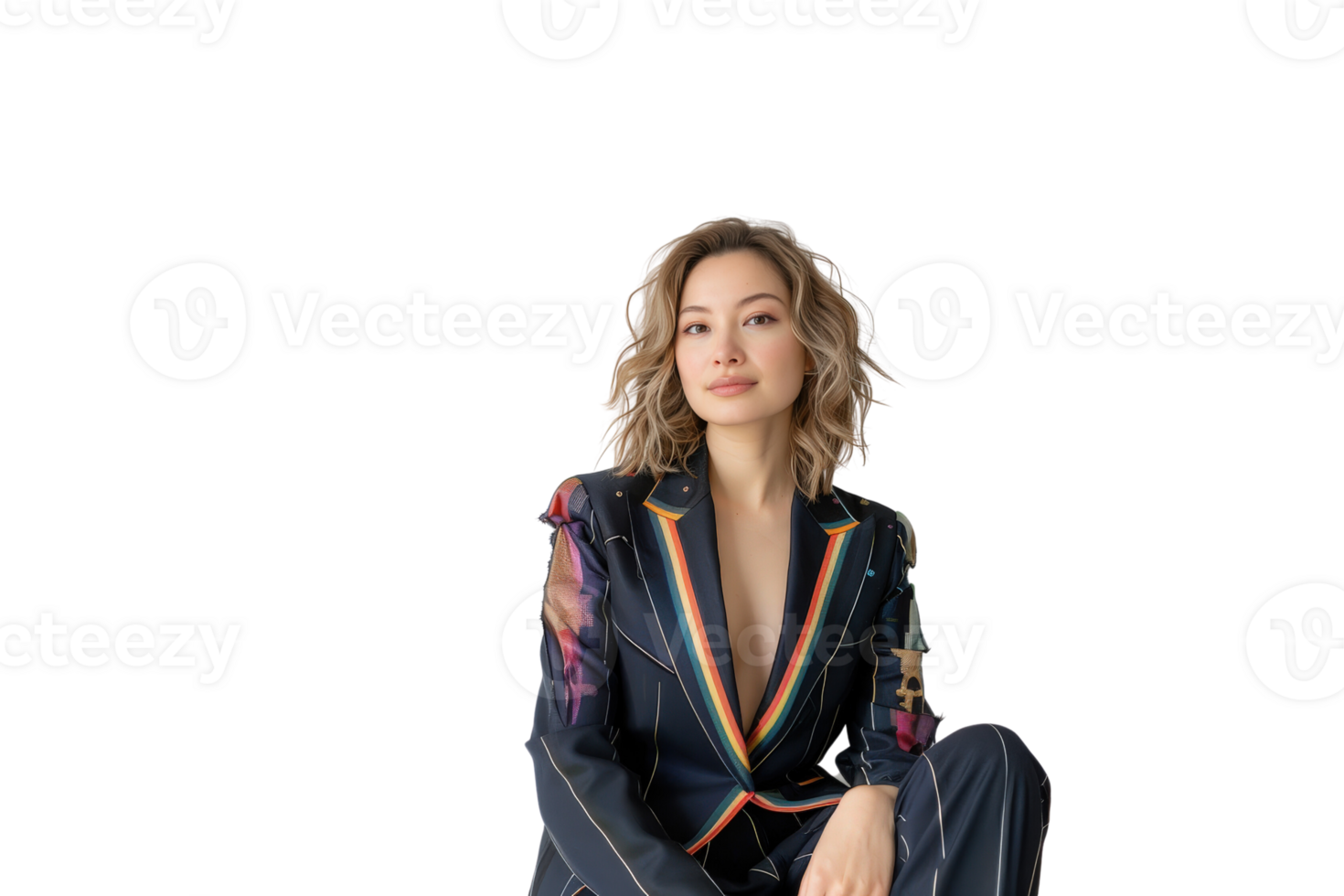 Confident woman in stylish suit with rainbow accents representing pride and individuality in a modern setting png