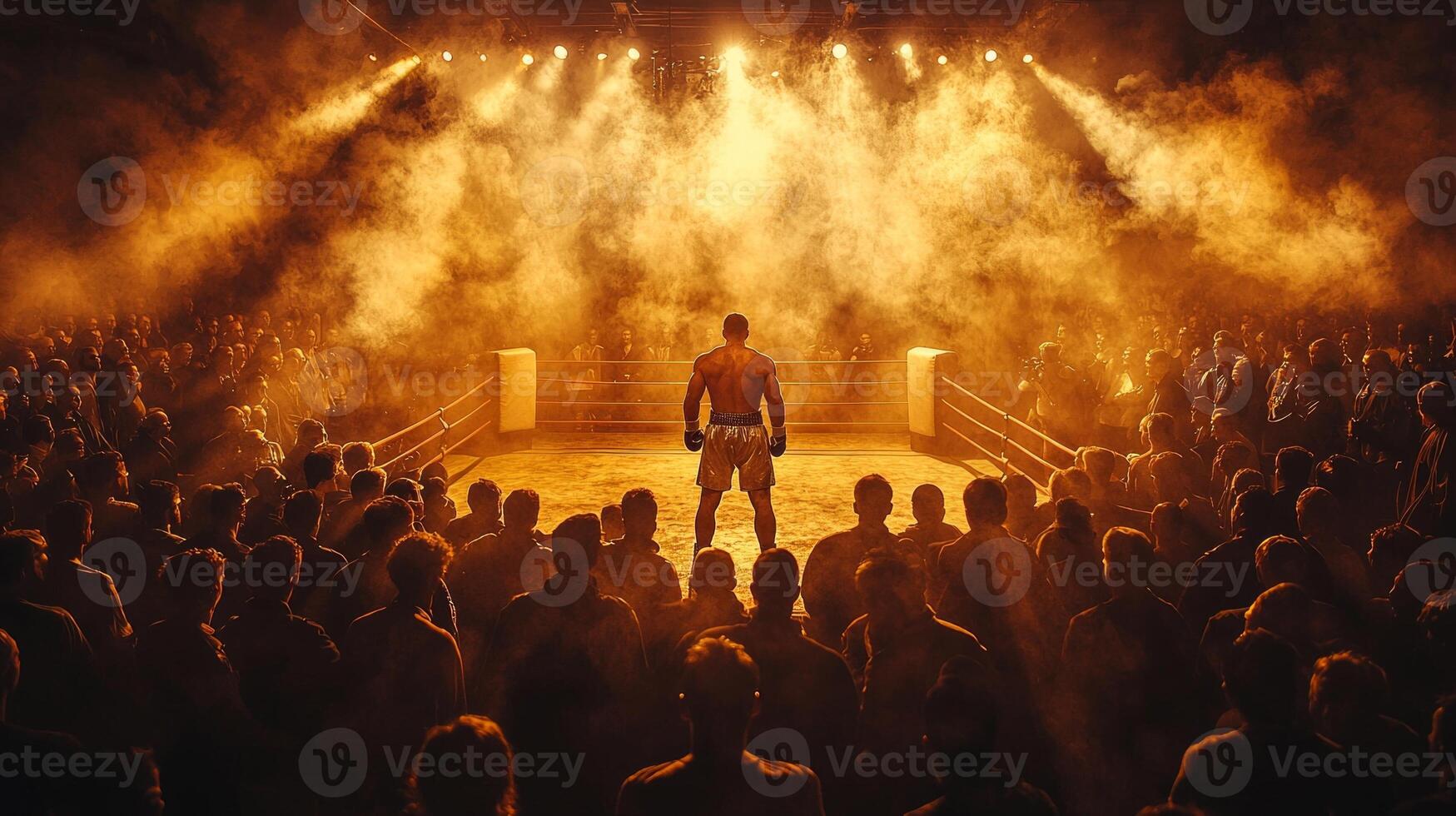 thrilling boxing event unfolds in dimly lit venue filled spectators. boxing ring illuminated spotlights and surrounded smoke sets stage for exhilarating match photo