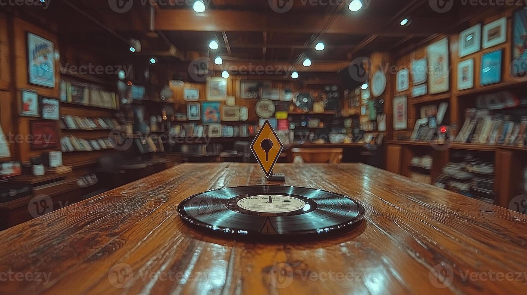 unique geolocation symbol made of vinyl records and headphones sits on wooden table in retro music shop surrounded shelves of albums and warm inviting atmosphere photo