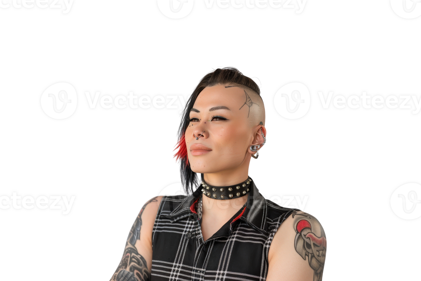 Confident Non Binary Individual Embracing Bold Alternative Fashion with Edgy Hairstyle and Tattoos png