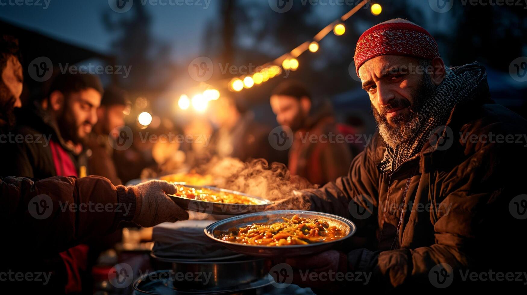 Volunteers distribute steaming plates of food those in need during outdoor iftar gathering. atmosphere is filled compassion and community spirit as families come together sunset photo