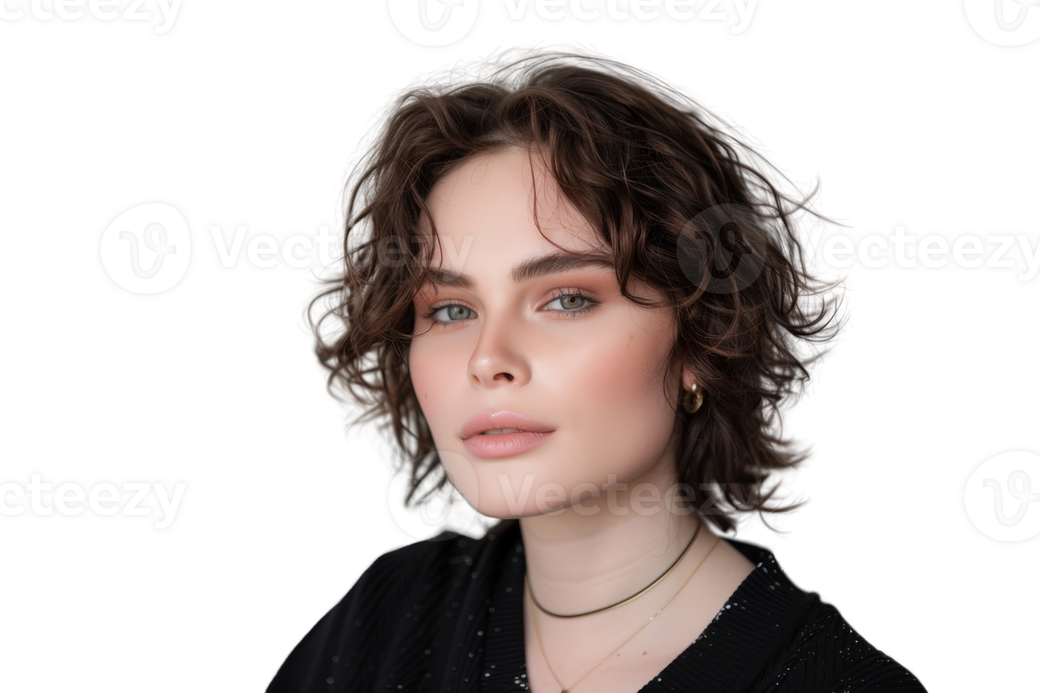 Striking Androgynous Person with Curly Hair and Subtle Makeup Capturing Fluid Gender Expression in a Portrait png