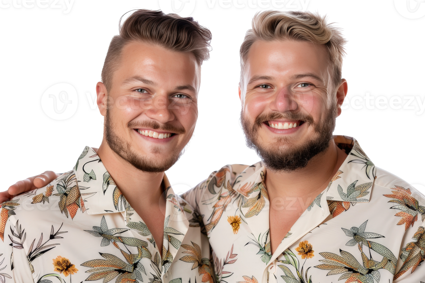 Joyful gay couple in matching floral outfits, smiling and embracing, celebrating love and connection, vibrant portrait png