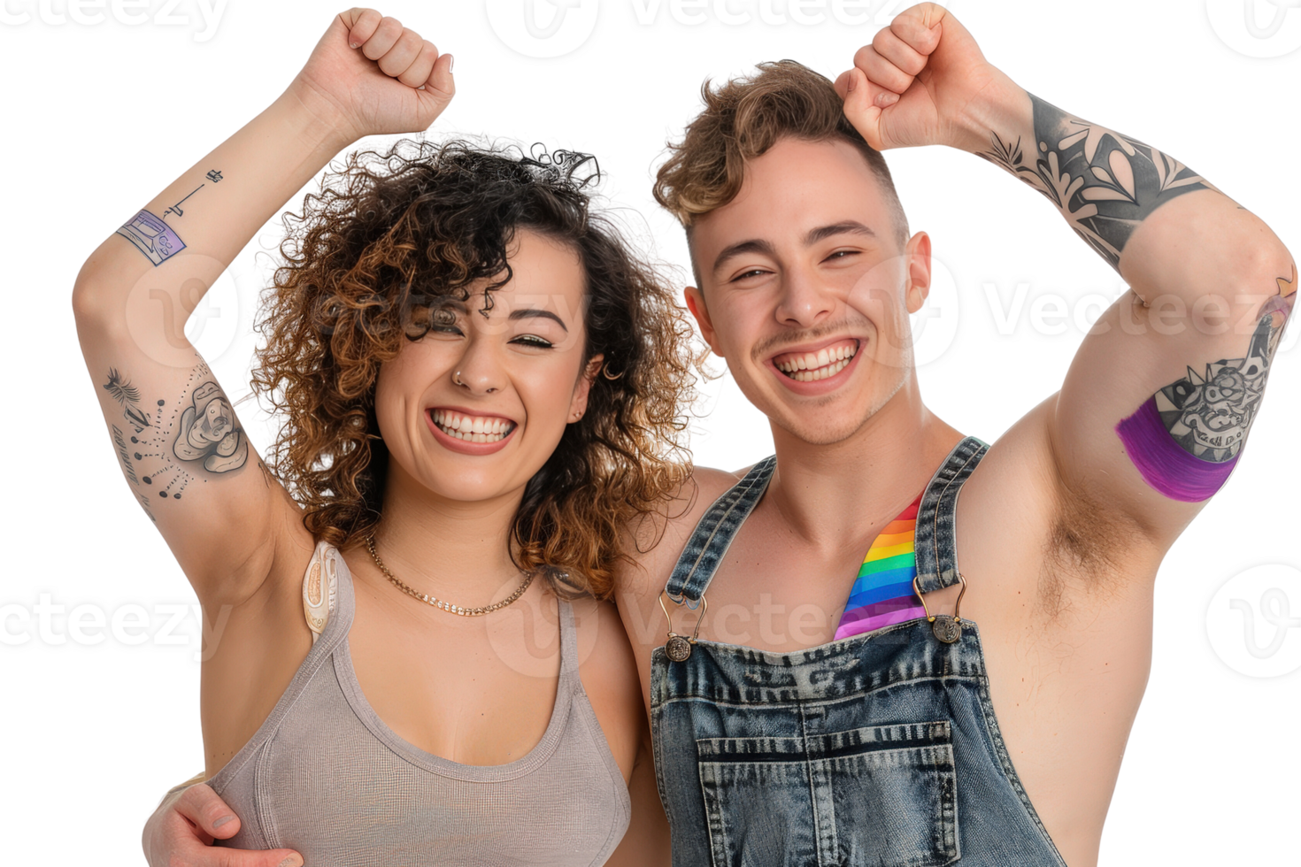 Joyful Couple of Different Gender Identities Celebrating Diversity and Love with Tattoos and Bright Expressions png