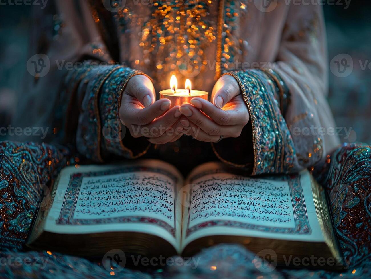 Hands are raised in Dua bathed in soft candlelight while open Quran displays intricate Arabic calligraphy. moment captures essence of Eid al Fitr and family unity photo