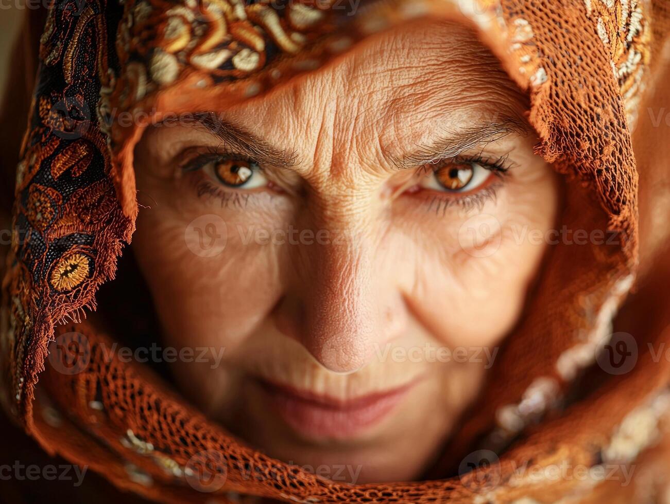elderly Muslim woman exudes warmth and joy while wearing beautifully embroidered hijab mosque softly blurred in background celebrating Eid al Fitr family and friends photo