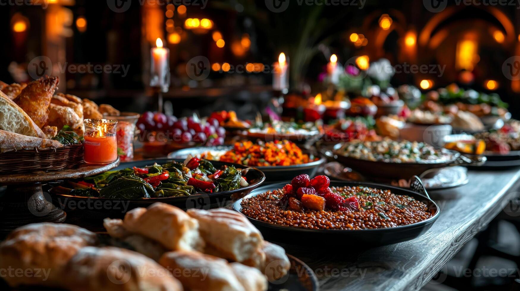 beautifully arranged Ramadan Iftar table showcases variety of traditional dishes such as lentil soup stuffed grape leaves and fresh bread photo